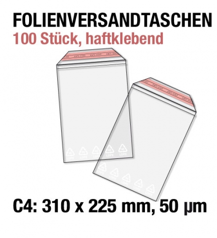 100 Folienversandtaschen für C4 = 310 x 225 mm, 50 my, Adhäsionsverschluss